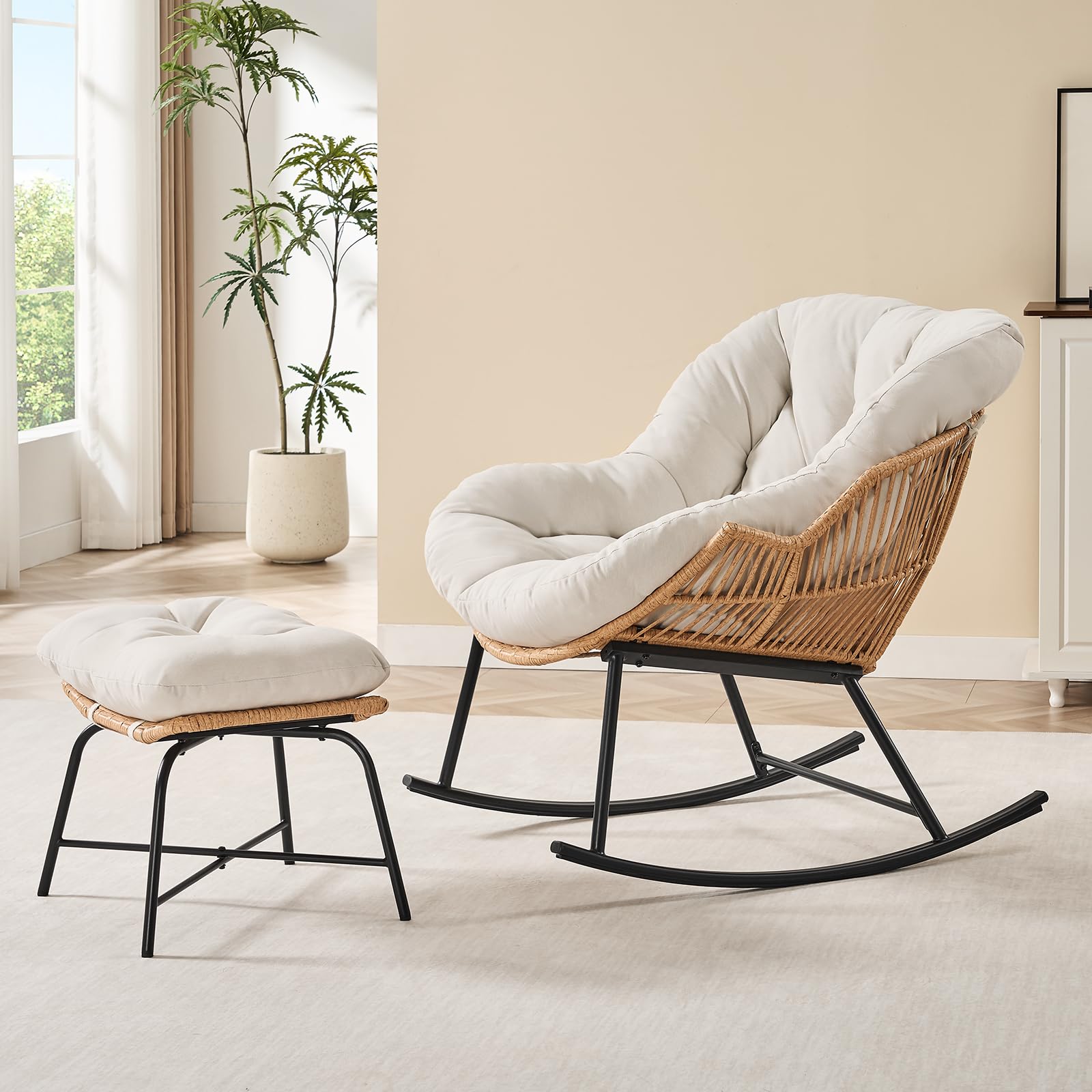 Outdoor Furniture Grey - Grijze rotan Papasan schommelstoel met bijzettafel,