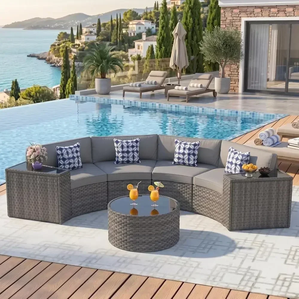 Outdoor Furniture Grey - 7-delige, gebogen, halvemaanvormige buitenhoekbankset met salontafel