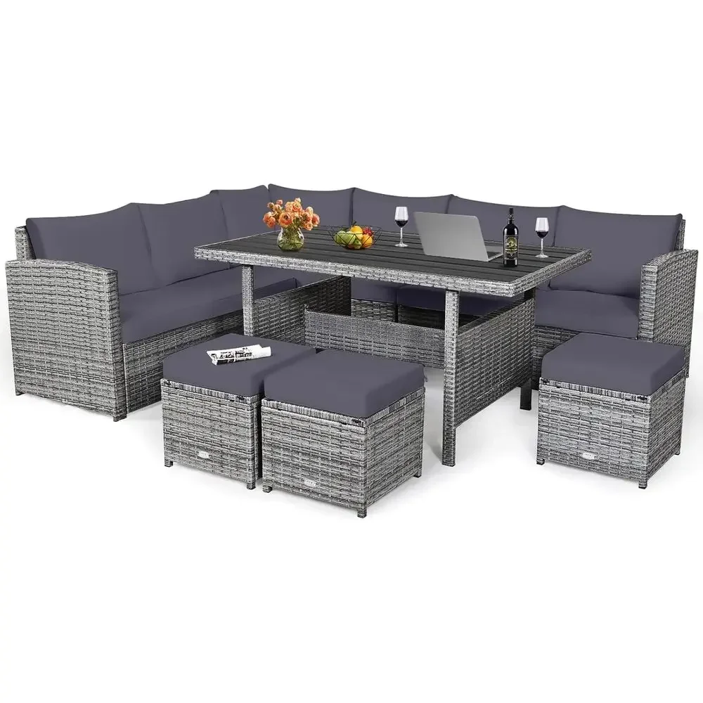 Outdoor Furniture Grey - Grijze 7-delige rotan tuinmeubelset met kussens,