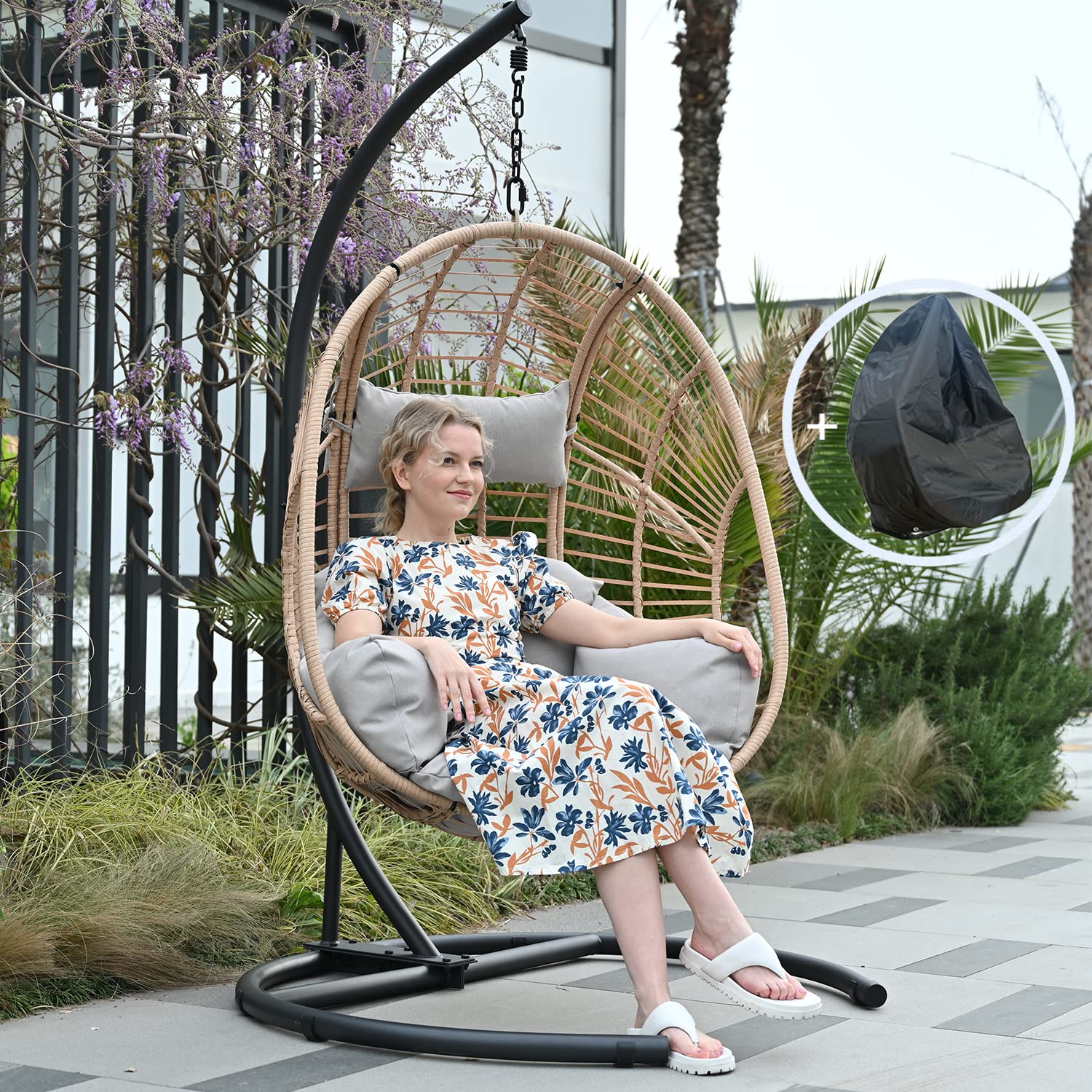 Outdoor Furniture Egg Chair - Hangende eierstoel met standaard en kussen,
